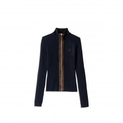 MIU MIU CASHMERE AND LEATHER ZIPPER CARDIGAN MMF992